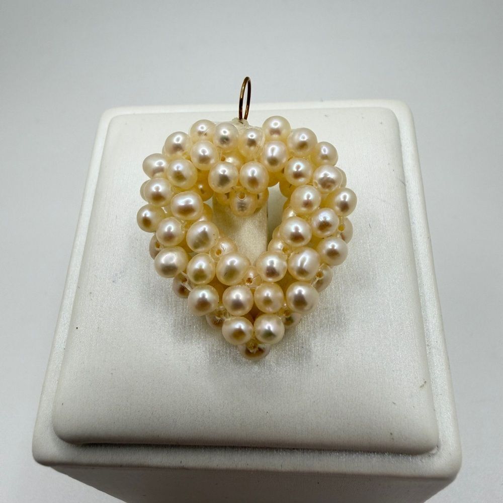 Artisan created, genuine pearl "heart" woven pendant with 14k YG‎ jump ring!